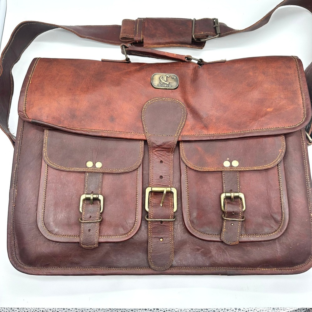 Cuero Carter Vintage Brown Leather Messenger Bag Laptop Briefcase Crossbody 16"
